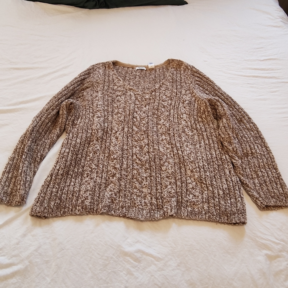 liz & co. Marled Brown & Beige Crewneck Cable Sweater